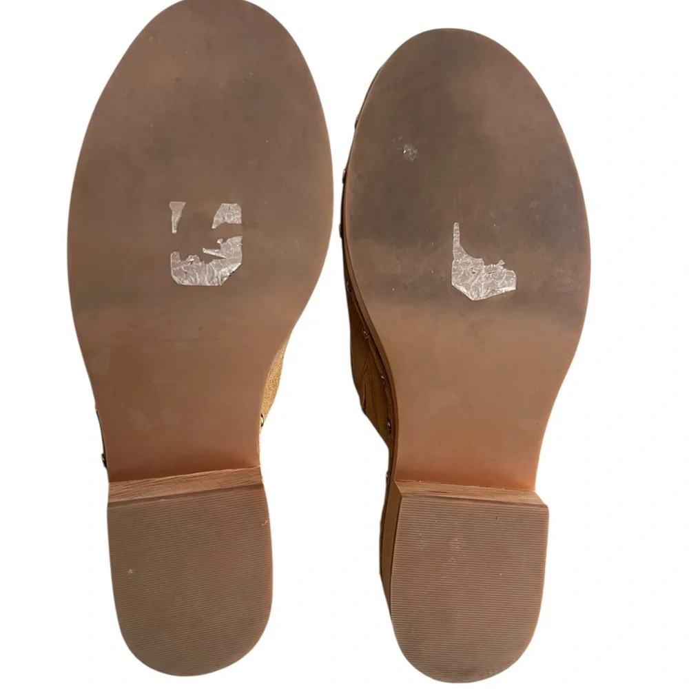 J.Crew Tan Suede Leather Clog Mules Size 6.5 | Wood Studded Slip-Ons - Picture 7 of 9
